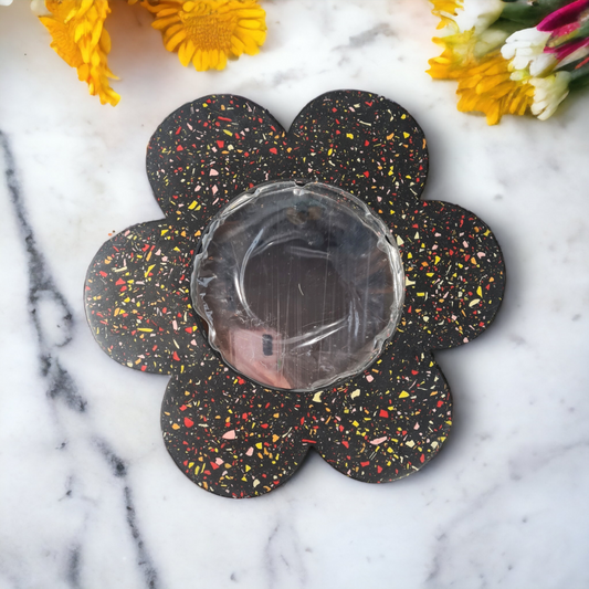 Black Flower Mirror with Reds and Yellows Terrazzo